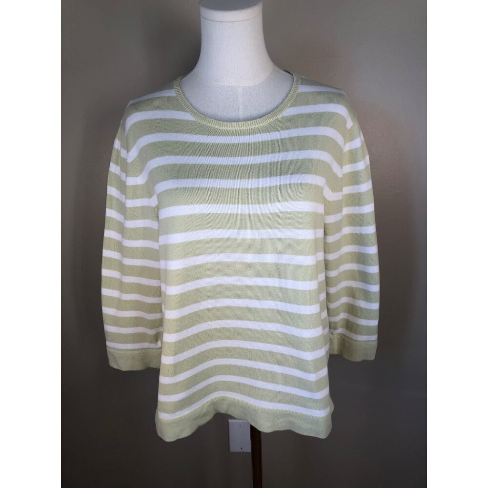 Eddie Bauer 100% Cotton 3/4 Sleeve Green & White Stripe Knit Sweater Size L